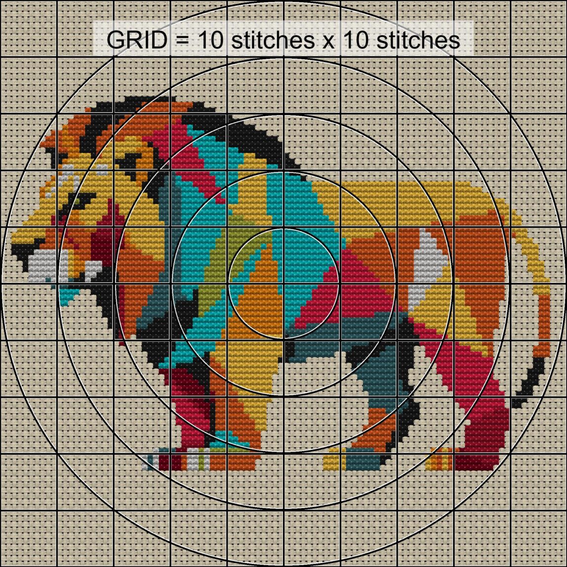 stylish-lion close-up cross stitch detail showing color changes, confetti areas and stitch texture
