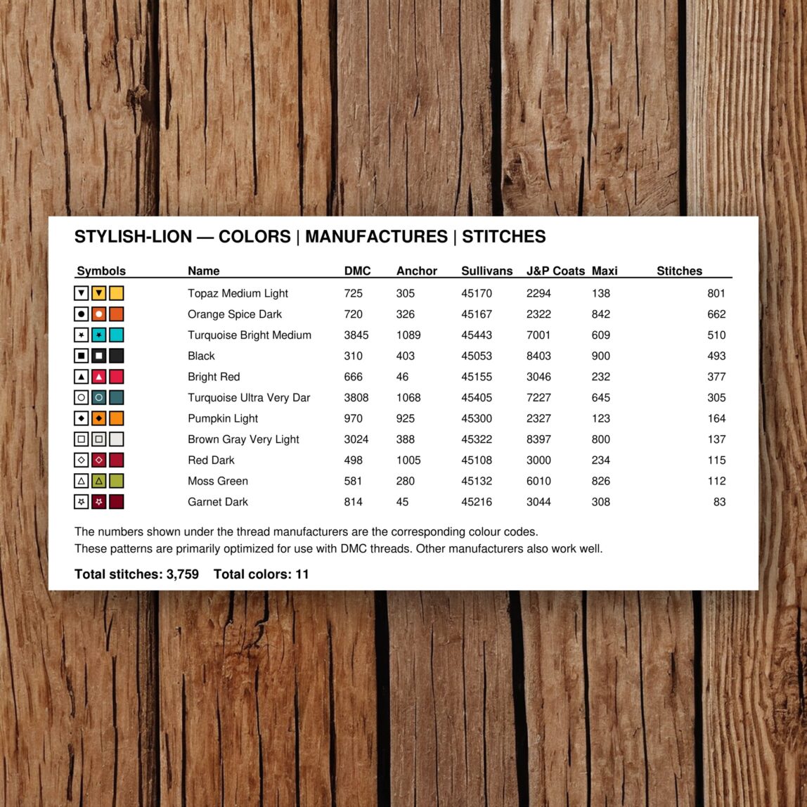 stylish-lion thread color chart with DMC, Anchor, Sullivans, J&P Coats and Maxi color references