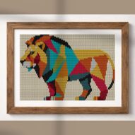stylish-lion alternative framed cross stitch mockup, realistic finished embroidery presentation