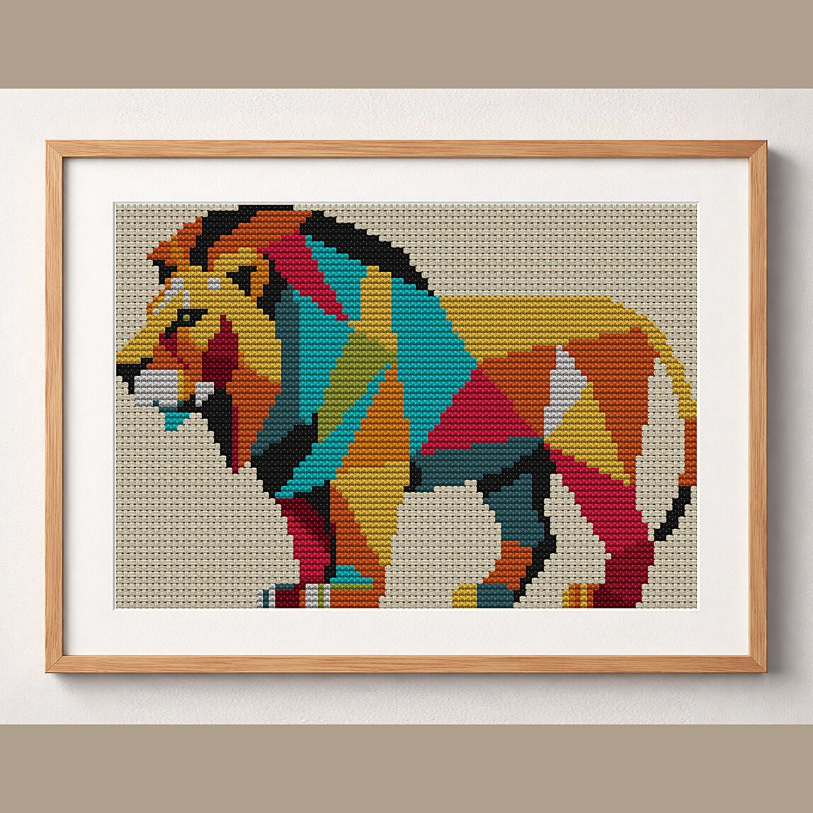 stylish-lion framed cross stitch mockup, realistic finished embroidery design, PDF pattern digital download