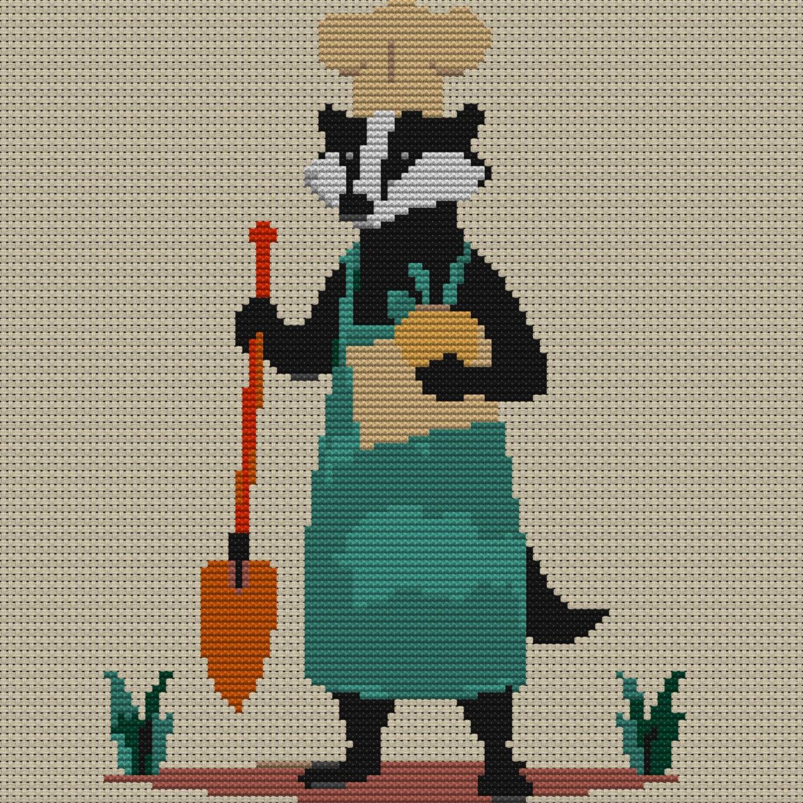 badger-chef-in-garden full cross stitch design mockup without frame, realistic embroidery preview