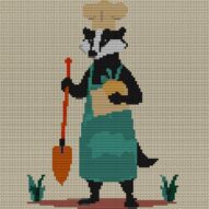 badger-chef-in-garden full cross stitch design mockup without frame, realistic embroidery preview