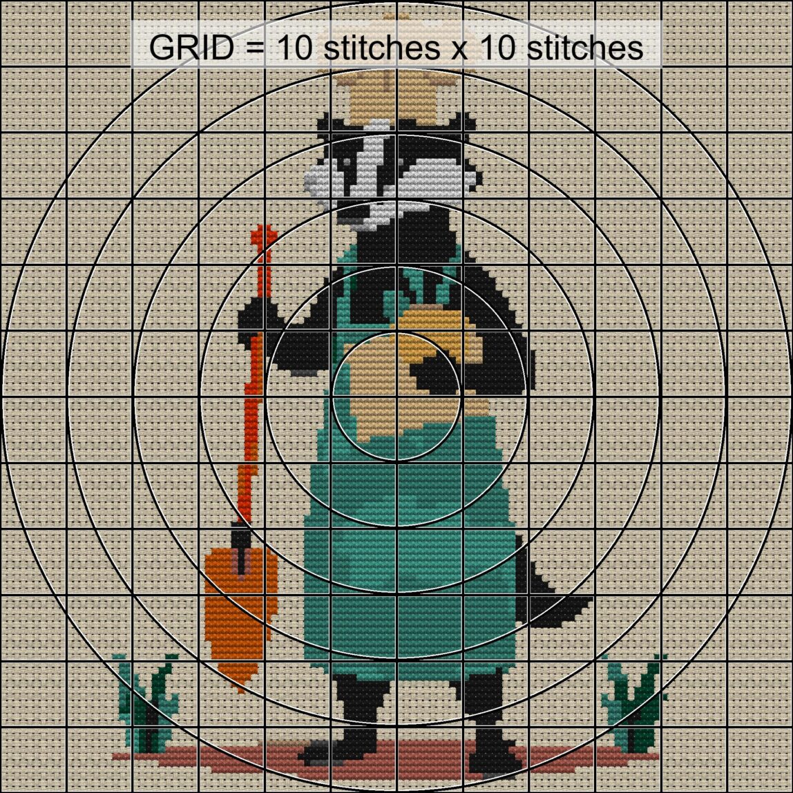 badger-chef-in-garden close-up cross stitch detail showing color changes, confetti areas and stitch texture