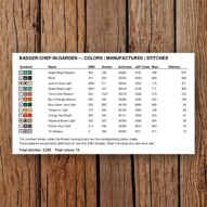 badger-chef-in-garden thread color chart with DMC, Anchor, Sullivans, J&P Coats and Maxi color references