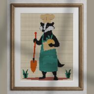 badger-chef-in-garden alternative framed cross stitch mockup, realistic finished embroidery presentation
