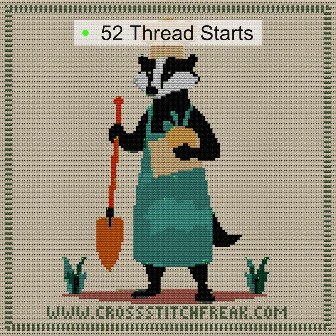badger-chef-in-garden cross stitch start point map with highlighted thread start positions in the full design