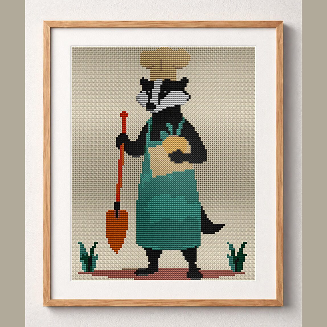 badger-chef-in-garden framed cross stitch mockup, realistic finished embroidery design, PDF pattern digital download