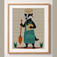 badger-chef-in-garden framed cross stitch mockup, realistic finished embroidery design, PDF pattern digital download