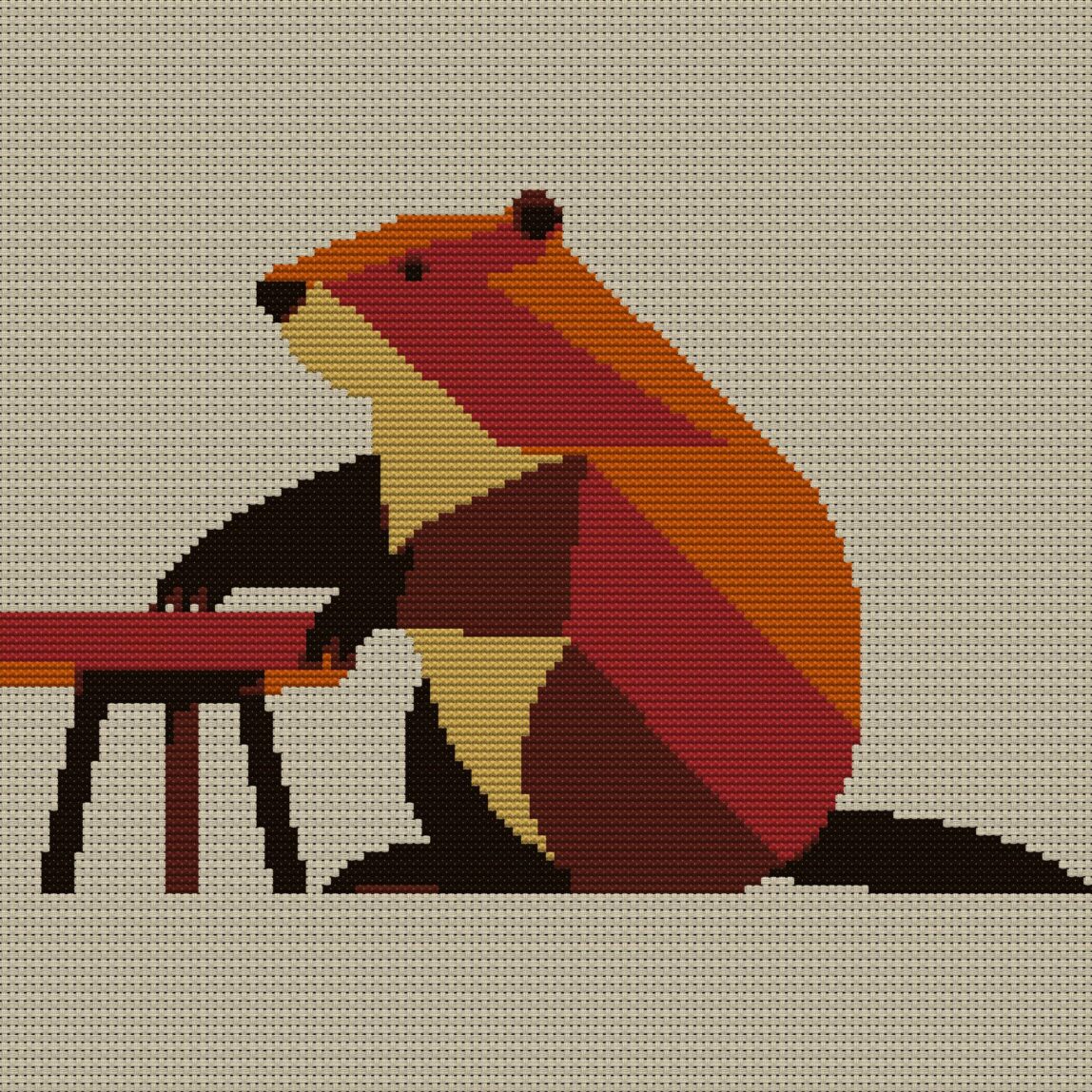 beaver-sitting-at-table full design mockup without frame beaver-sitting-at-table full cross stitch design mockup without frame, realistic embroidery preview