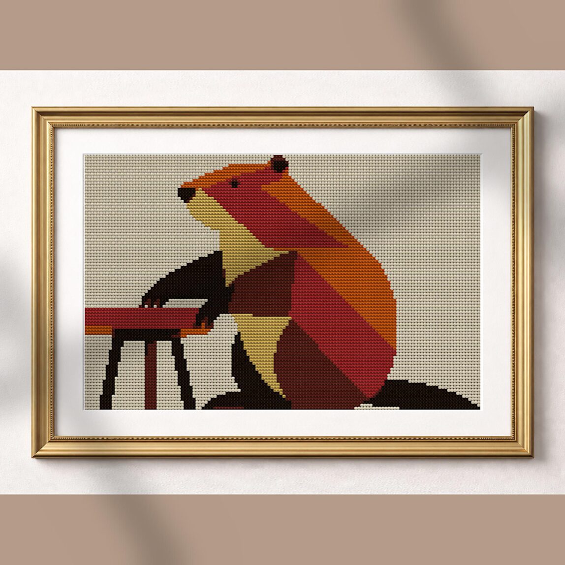 beaver-sitting-at-table alternative framed mockup beaver-sitting-at-table alternative framed cross stitch mockup, realistic finished embroidery presentation