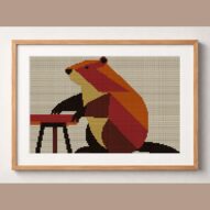 beaver-sitting-at-table framed cross stitch mockup, realistic finished embroidery design, PDF pattern digital download