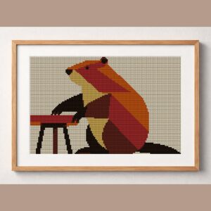 beaver-sitting-at-table framed cross stitch mockup, realistic finished embroidery design, PDF pattern digital download