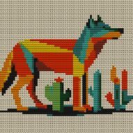 desert-wolf full cross stitch design mockup without frame, realistic embroidery preview