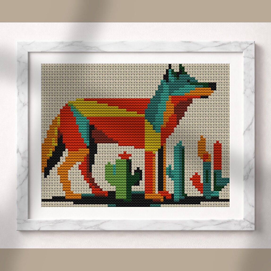 desert-wolf alternative framed cross stitch mockup, realistic finished embroidery presentation