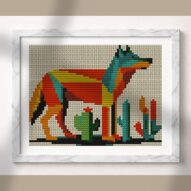 desert-wolf alternative framed cross stitch mockup, realistic finished embroidery presentation