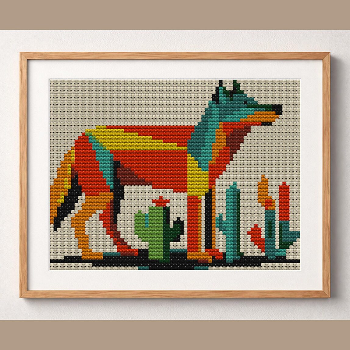 desert-wolf framed cross stitch mockup, realistic finished embroidery design, PDF pattern digital download