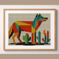 desert-wolf framed cross stitch mockup, realistic finished embroidery design, PDF pattern digital download