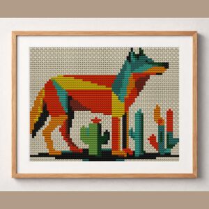 desert-wolf framed cross stitch mockup, realistic finished embroidery design, PDF pattern digital download