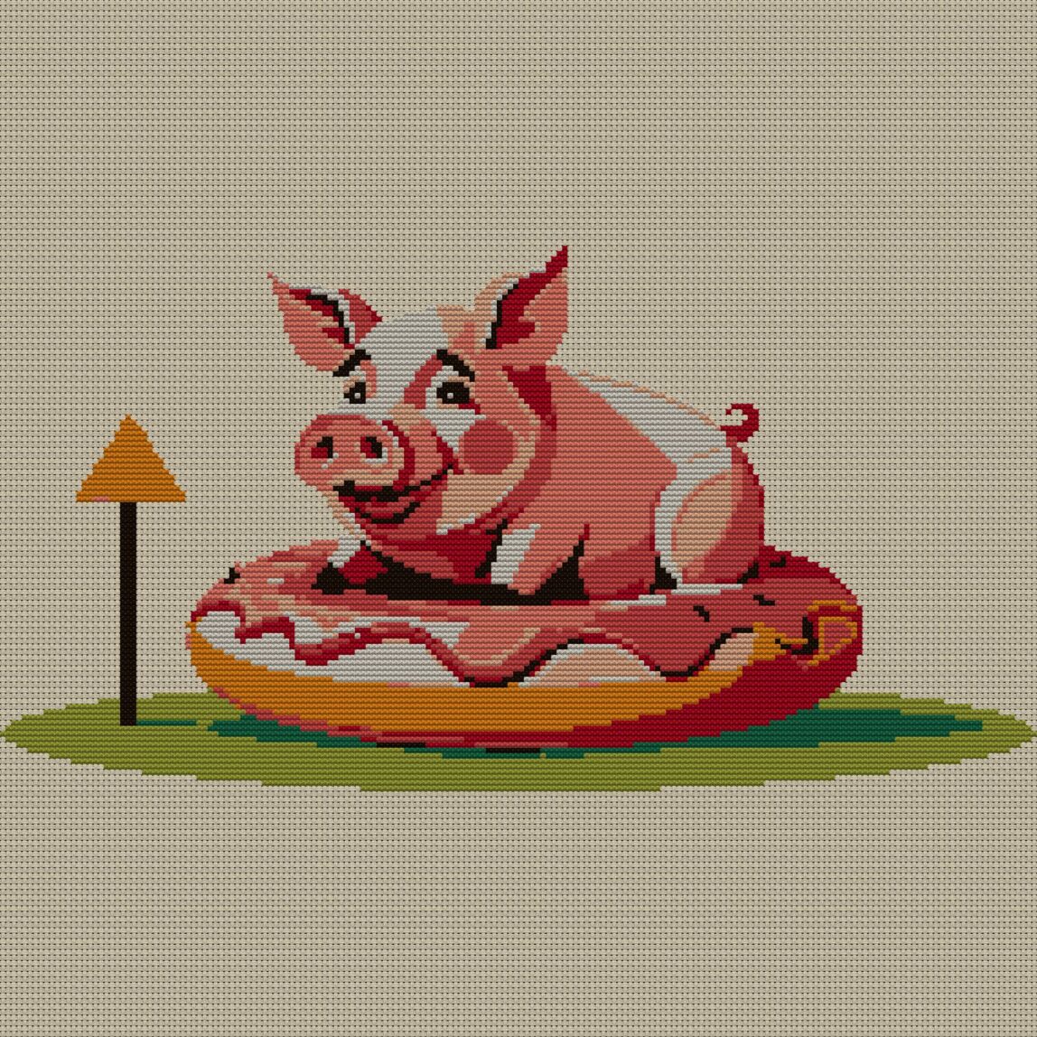 donut-loving-pig full cross stitch design mockup without frame, realistic embroidery preview