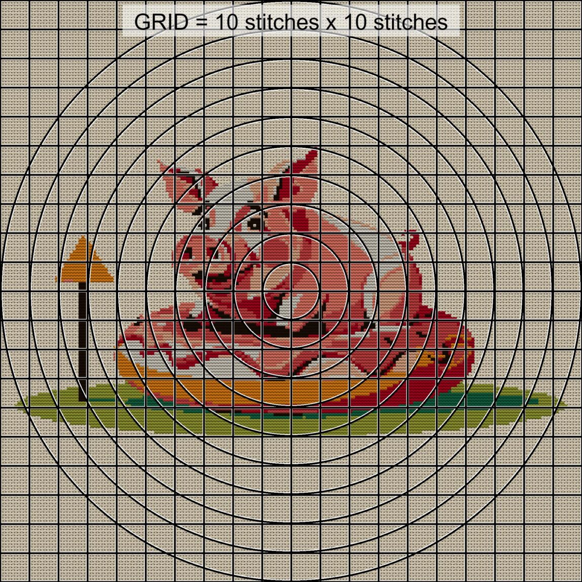 donut-loving-pig close-up cross stitch detail showing color changes, confetti areas and stitch texture