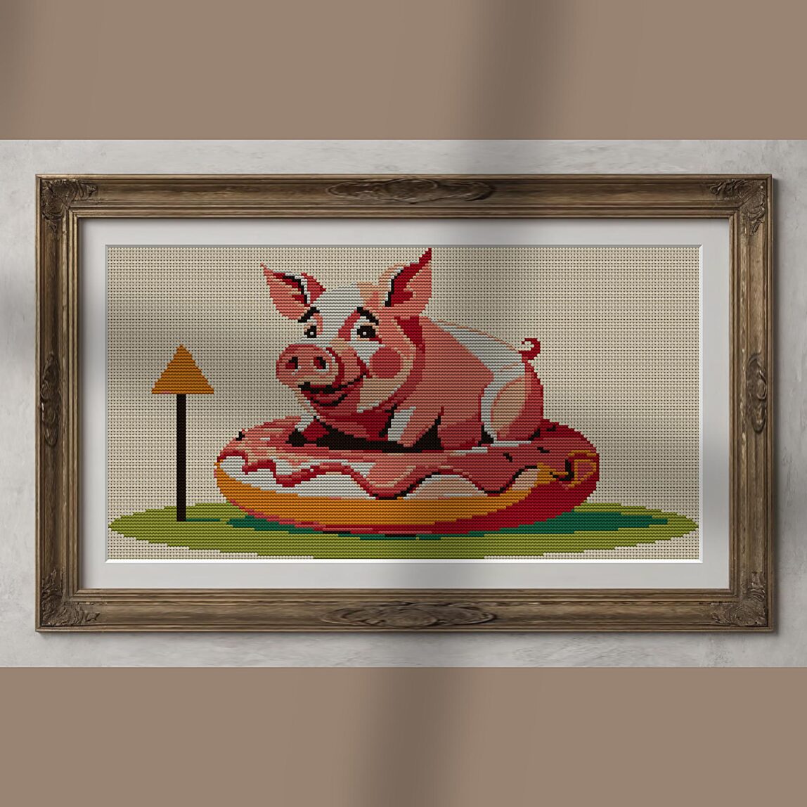 donut-loving-pig alternative framed cross stitch mockup, realistic finished embroidery presentation