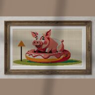 donut-loving-pig alternative framed cross stitch mockup, realistic finished embroidery presentation