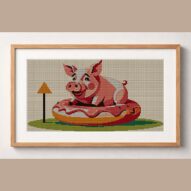 donut-loving-pig framed cross stitch mockup, realistic finished embroidery design, PDF pattern digital download