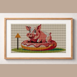 donut-loving-pig framed cross stitch mockup, realistic finished embroidery design, PDF pattern digital download