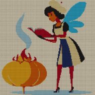 _fairy-brewing-potion full cross stitch design mockup without frame, realistic embroidery preview