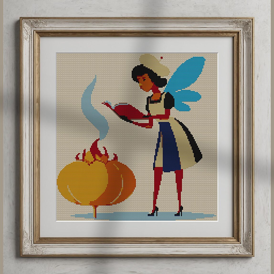 _fairy-brewing-potion alternative framed mockup _fairy-brewing-potion alternative framed cross stitch mockup, realistic finished embroidery presentation