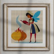 _fairy-brewing-potion alternative framed cross stitch mockup, realistic finished embroidery presentation