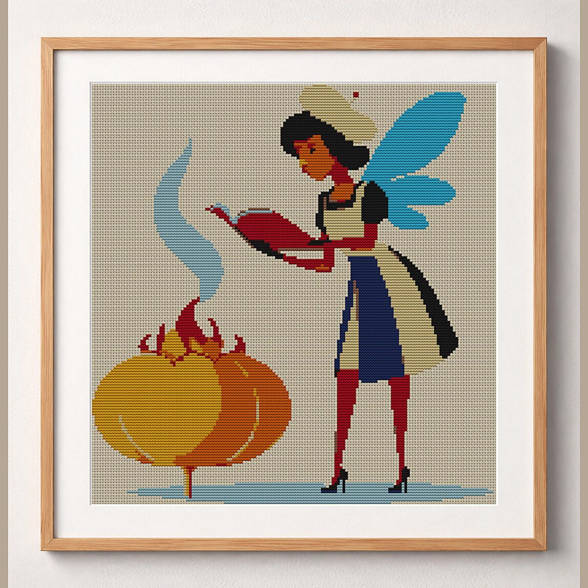 _fairy-brewing-potion framed cross stitch mockup _fairy-brewing-potion framed cross stitch mockup, realistic finished embroidery design, PDF pattern digital download