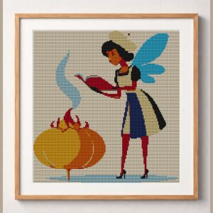_fairy-brewing-potion framed cross stitch mockup, realistic finished embroidery design, PDF pattern digital download