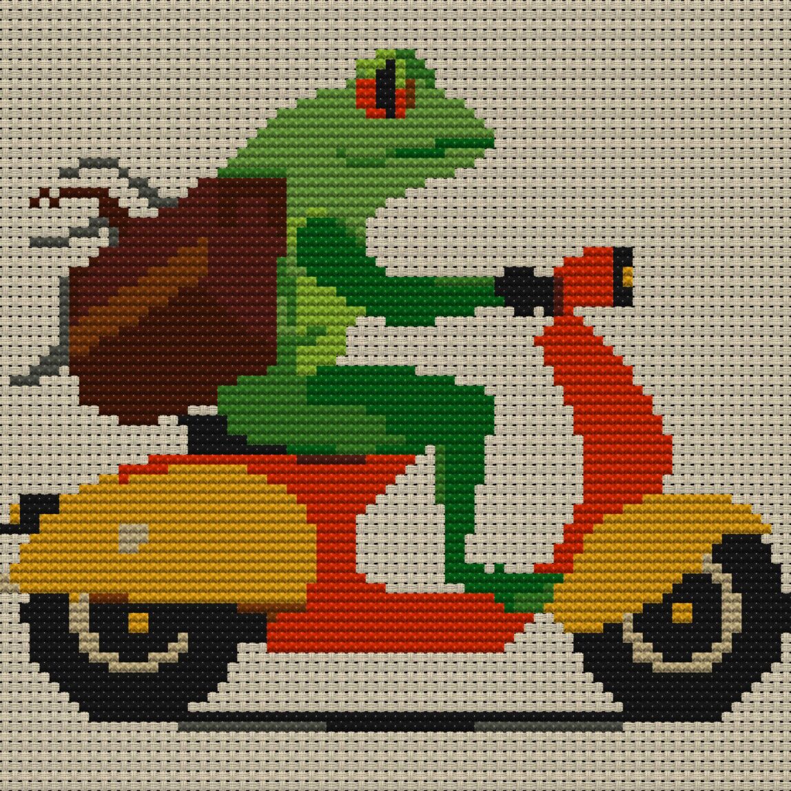 frog-on-scooter full cross stitch design mockup without frame, realistic embroidery preview