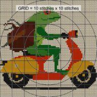 frog-on-scooter close-up cross stitch detail showing color changes, confetti areas and stitch texture