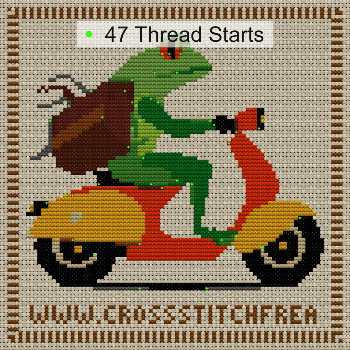 frog-on-scooter cross stitch start point map with highlighted thread start positions in the full design