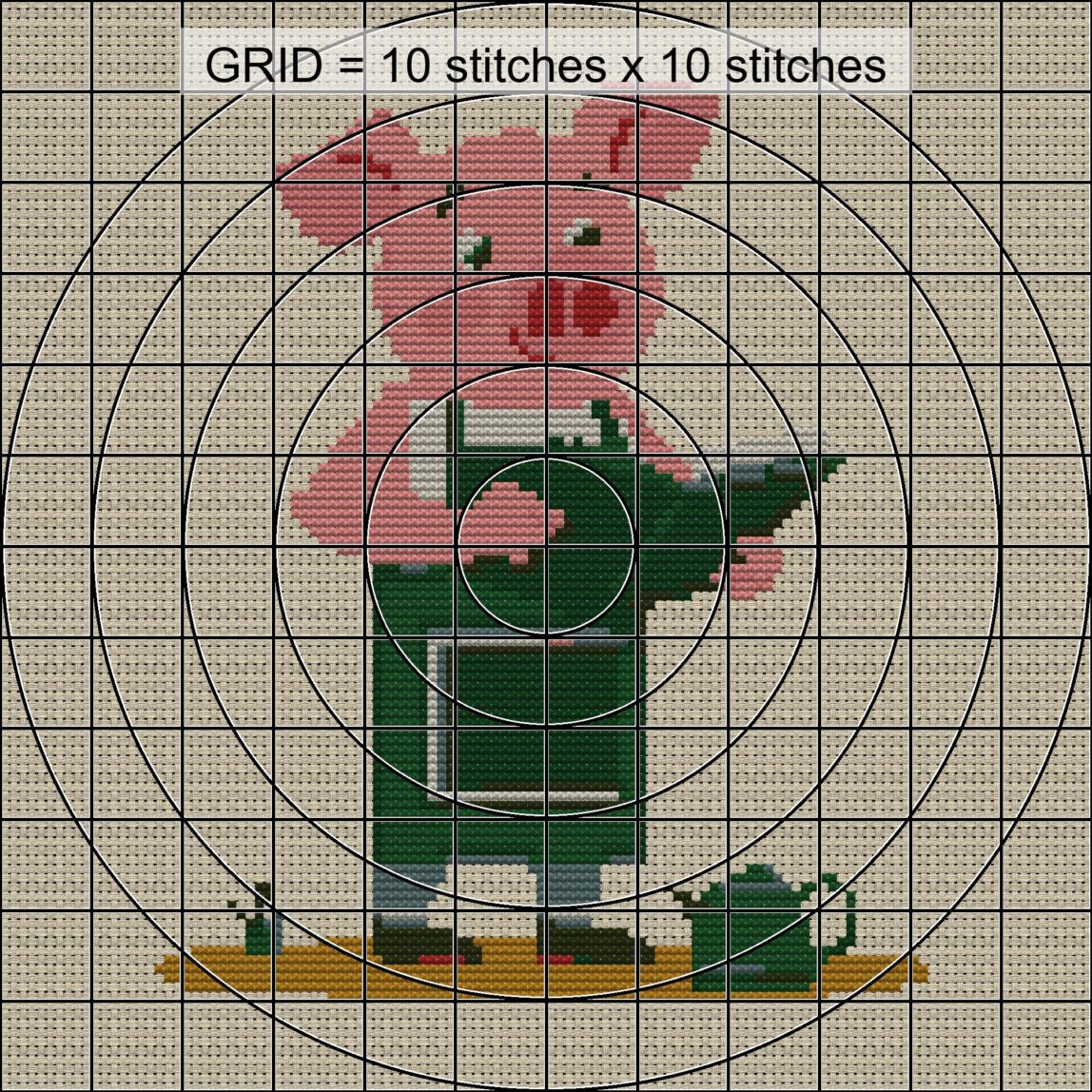 gardener-pig close-up cross stitch detail showing color changes, confetti areas and stitch texture