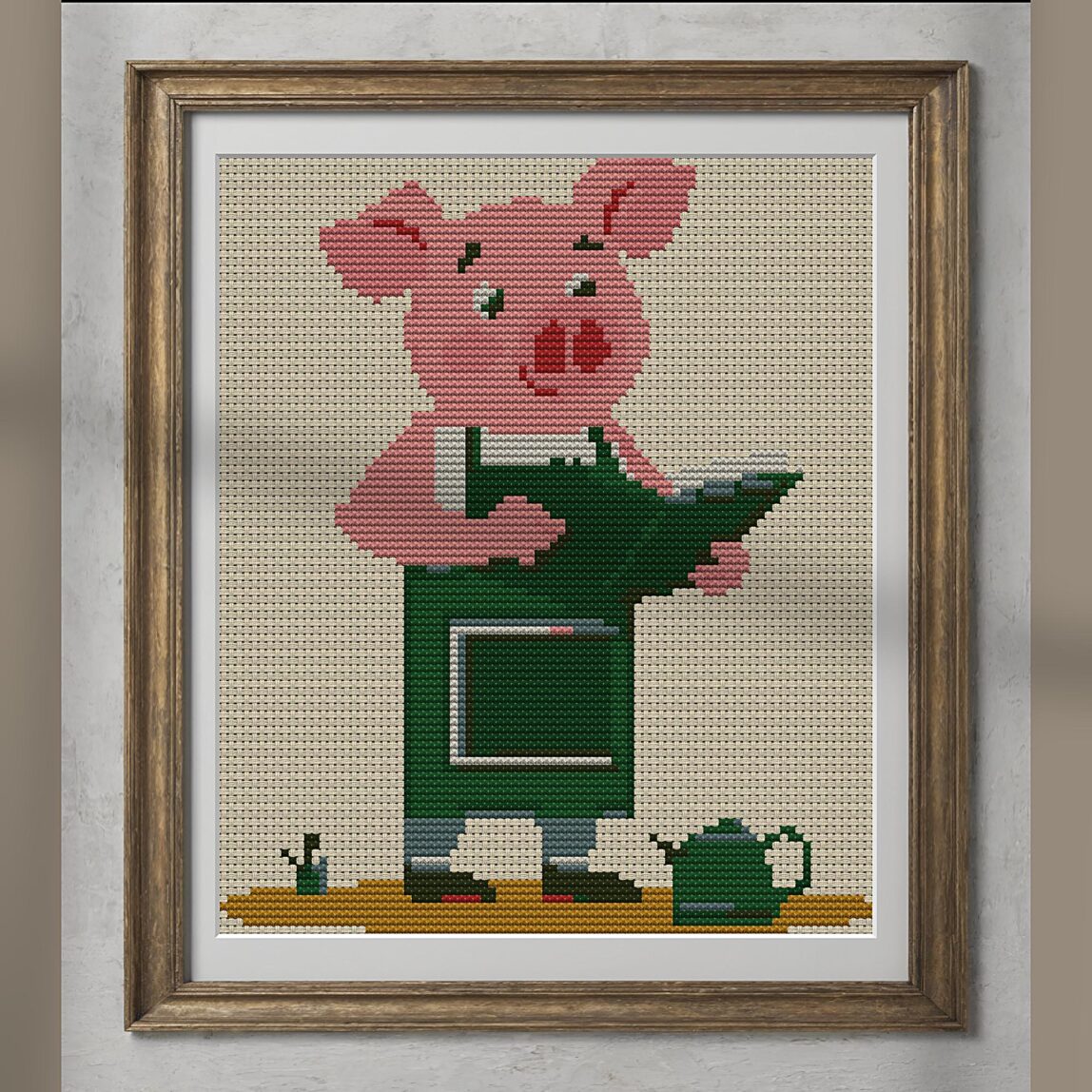 gardener-pig alternative framed cross stitch mockup, realistic finished embroidery presentation