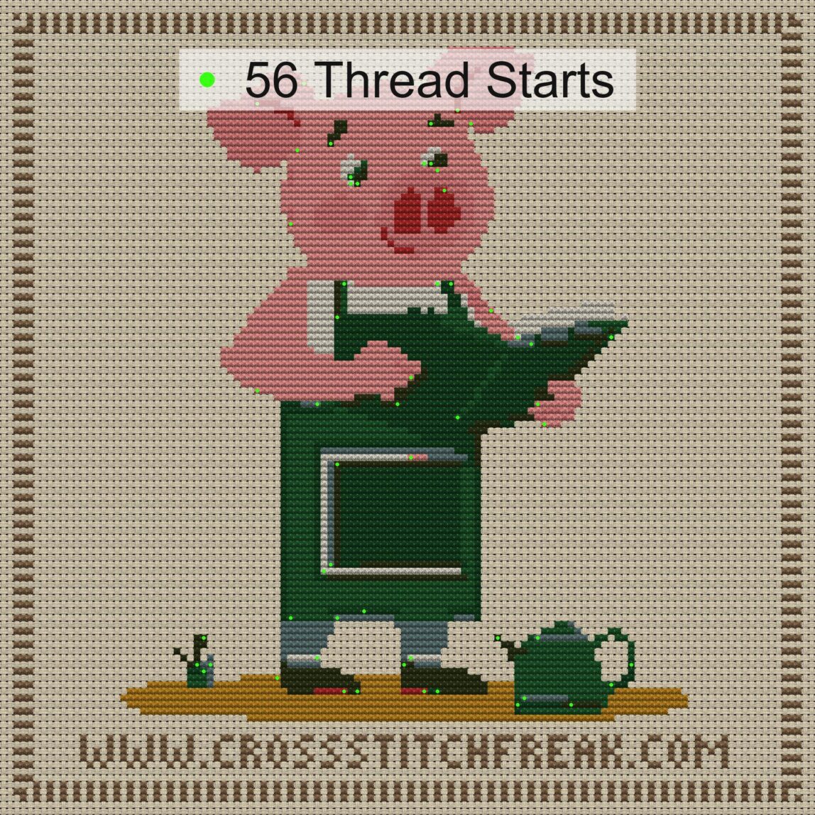 gardener-pig cross stitch start point map with highlighted thread start positions in the full design