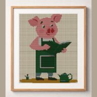 gardener-pig framed cross stitch mockup, realistic finished embroidery design, PDF pattern digital download