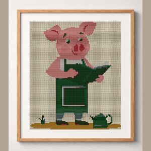gardener-pig framed cross stitch mockup, realistic finished embroidery design, PDF pattern digital download