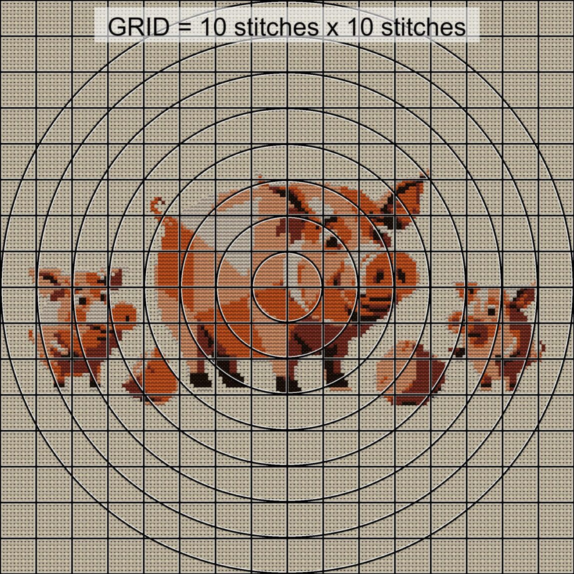 happy-pig-family close-up cross stitch detail showing color changes, confetti areas and stitch texture