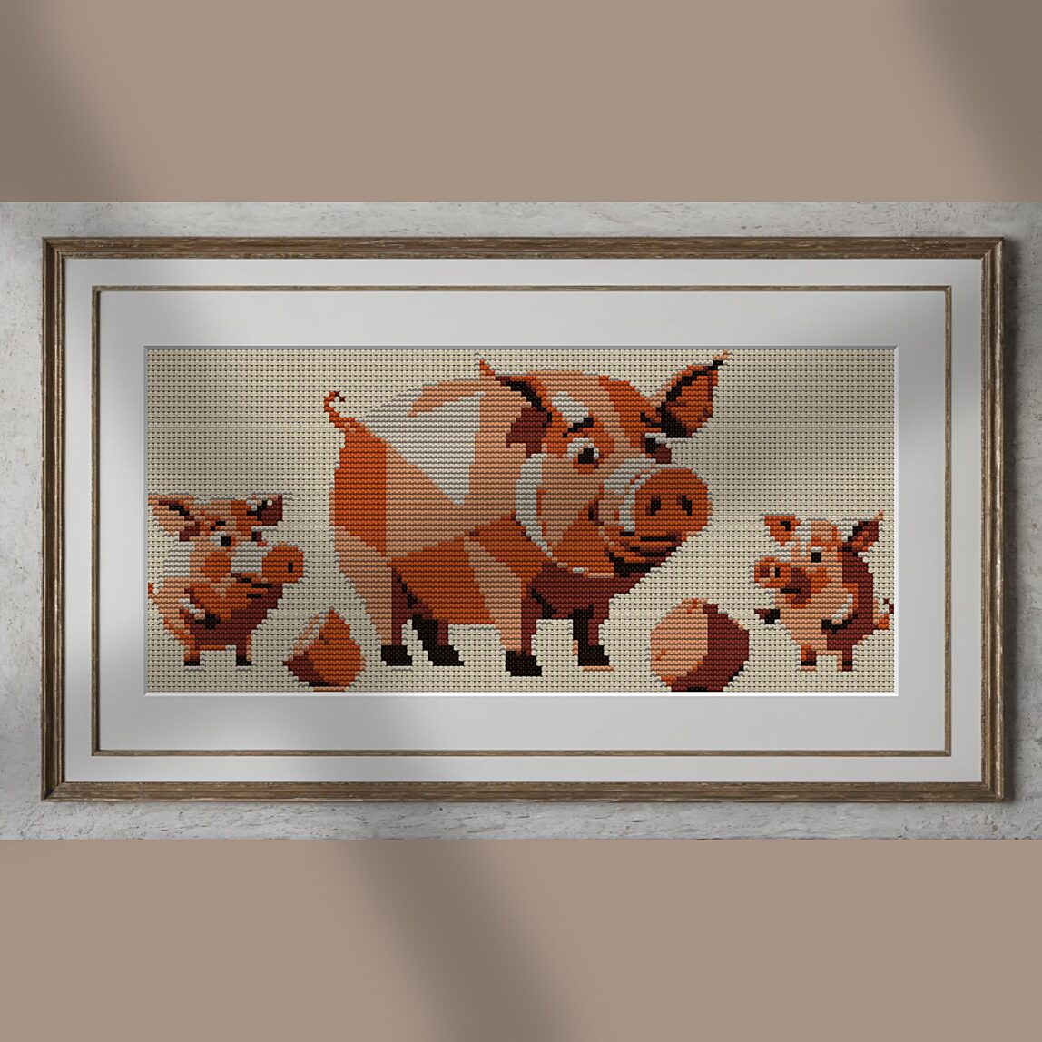 happy-pig-family alternative framed cross stitch mockup, realistic finished embroidery presentation