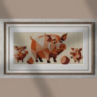 happy-pig-family alternative framed cross stitch mockup, realistic finished embroidery presentation