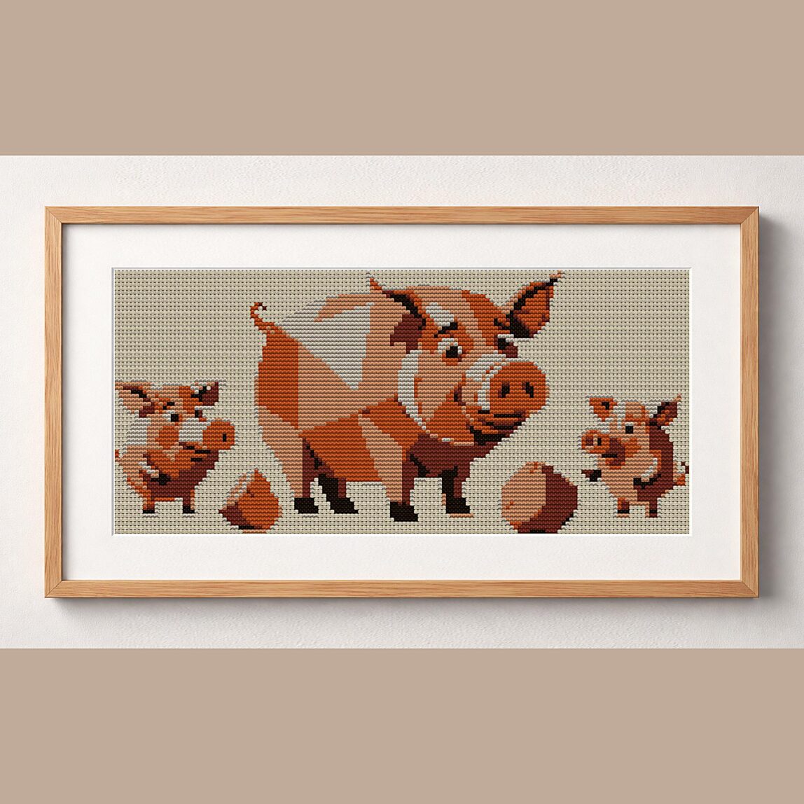 happy-pig-family framed cross stitch mockup, realistic finished embroidery design, PDF pattern digital download