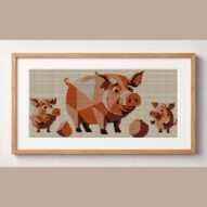 happy-pig-family framed cross stitch mockup, realistic finished embroidery design, PDF pattern digital download