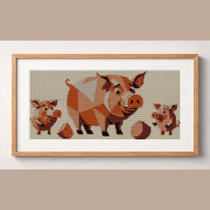 happy-pig-family framed cross stitch mockup, realistic finished embroidery design, PDF pattern digital download