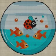 ladybug-in-fishbowl full cross stitch design mockup without frame, realistic embroidery preview