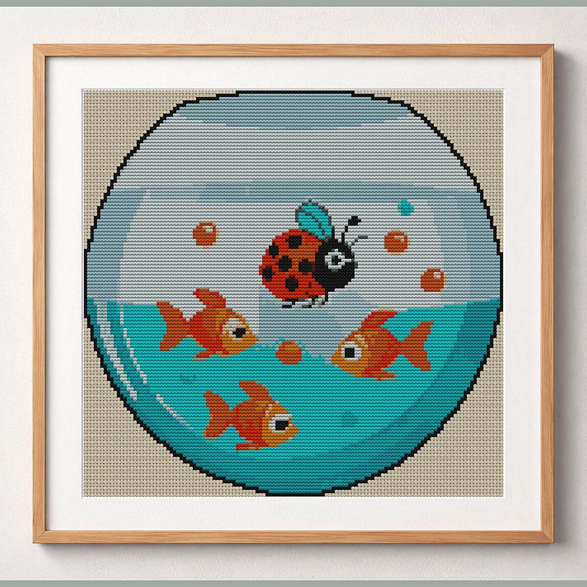 ladybug-in-fishbowl framed cross stitch mockup ladybug-in-fishbowl framed cross stitch mockup, realistic finished embroidery design, PDF pattern digital download