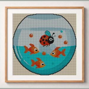 ladybug-in-fishbowl framed cross stitch mockup, realistic finished embroidery design, PDF pattern digital download